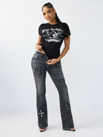 True Religion Women Black Printed Regular Fit T-Shirt