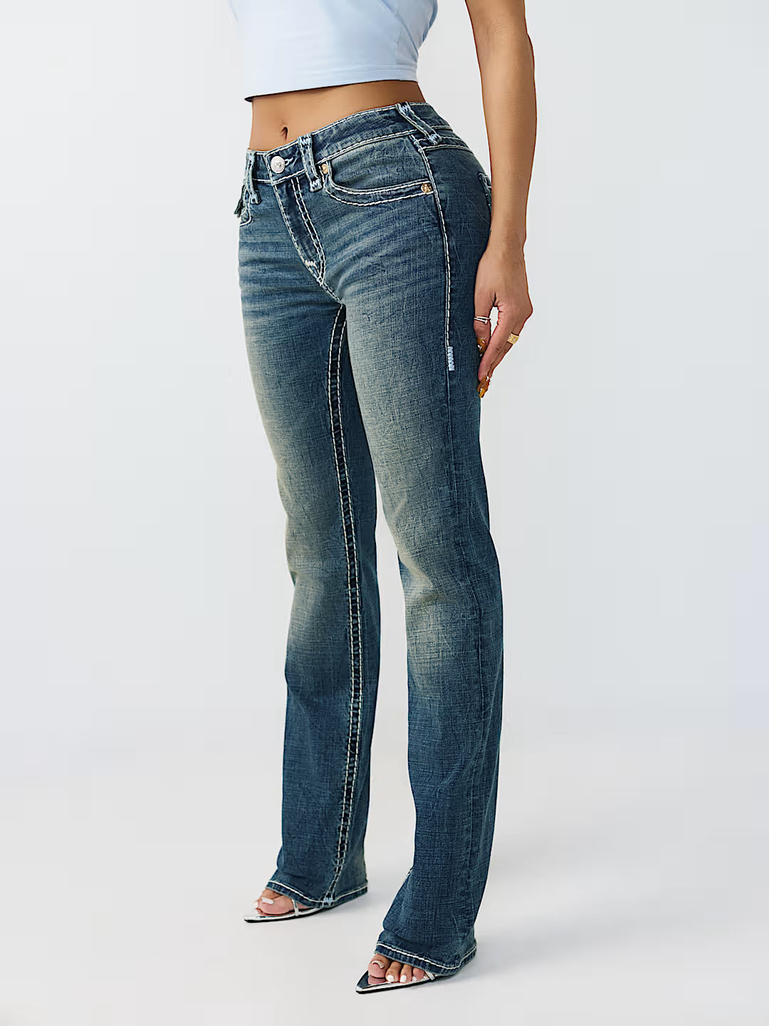 True Religion Women Blue Solid Straight Fit Stretchable Super T Billie Jeans