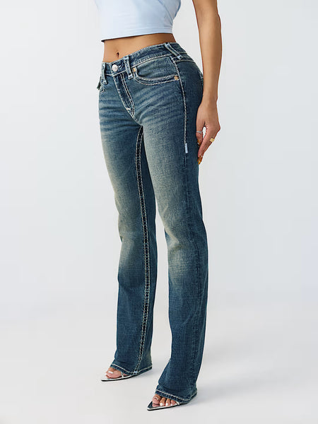 True Religion Women Blue Solid Straight Fit Stretchable Super T Billie Jeans