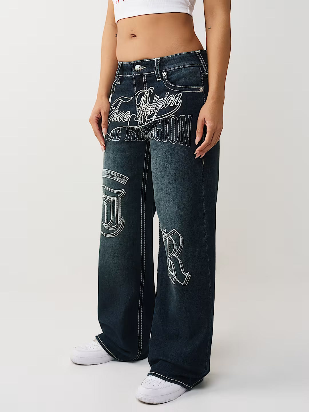 TRUE RELIGION Women Blue Bobby Big T Embroidered Jeans