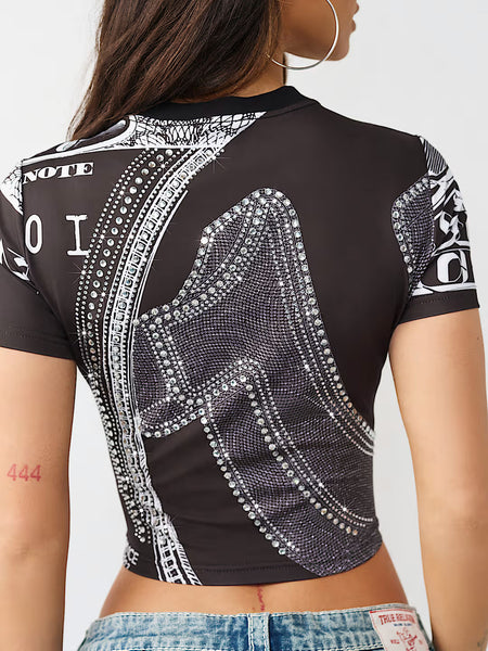 True Religion Women Black Printed Regular Fit T-Shirt