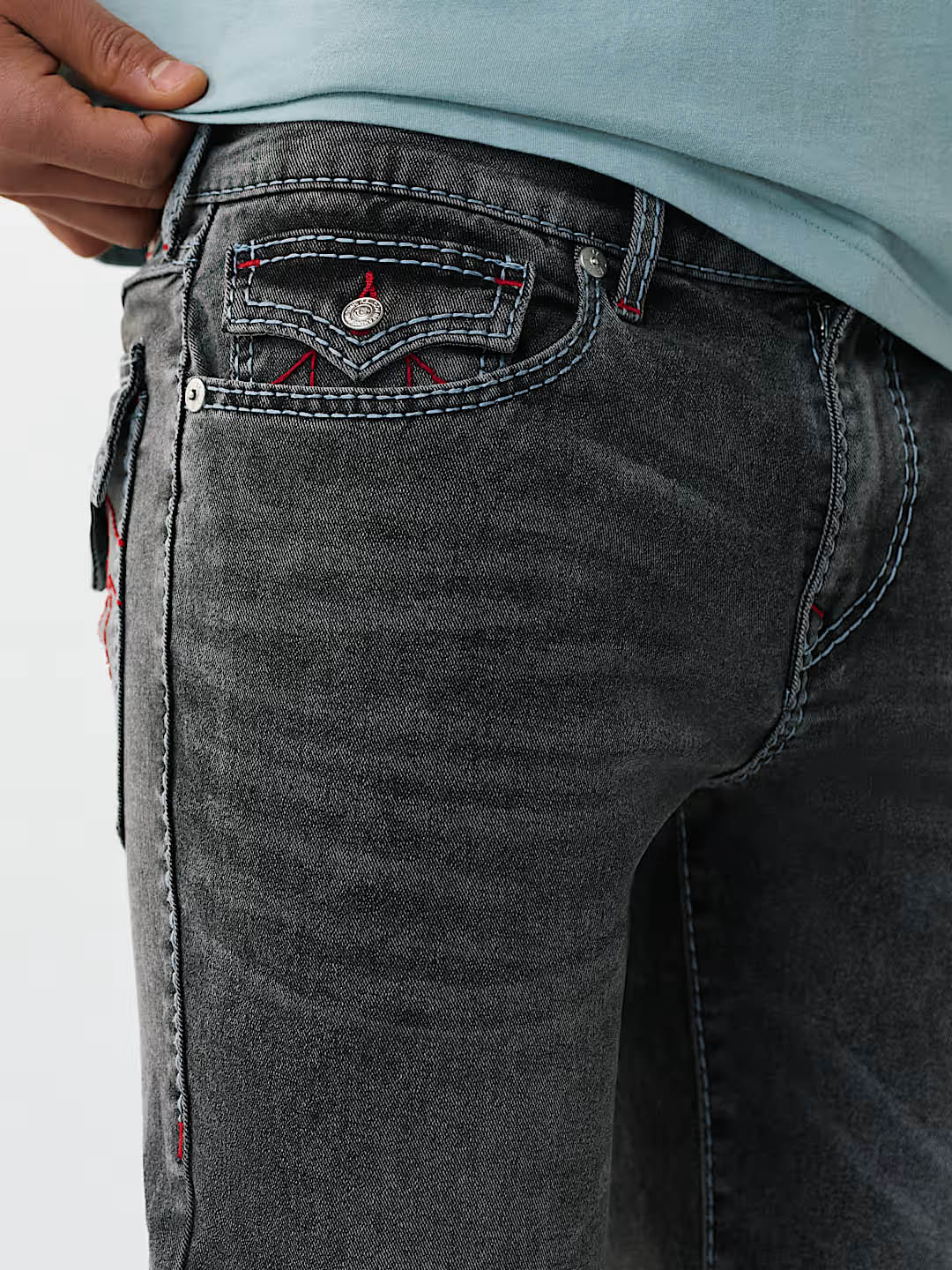 True Religion Grey Solid Straight Fit Stretchable Big T Ricky Jeans