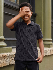 True Religion Boys Black Printed Regular Fit Pure Cotton Polo T-Shirt
