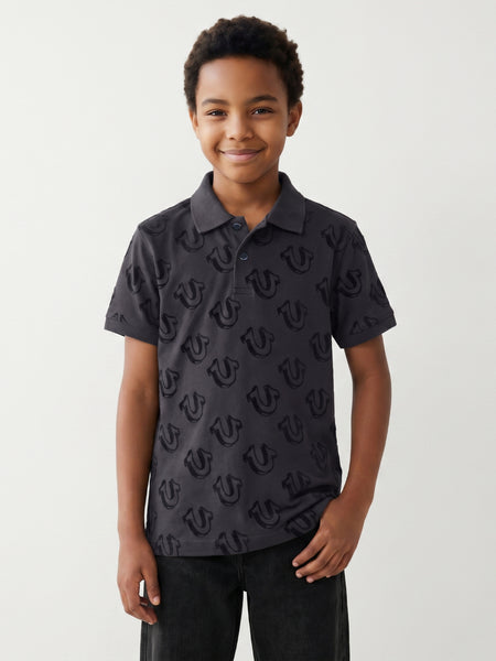 True Religion Boys Black Printed Regular Fit Pure Cotton Polo T-Shirt