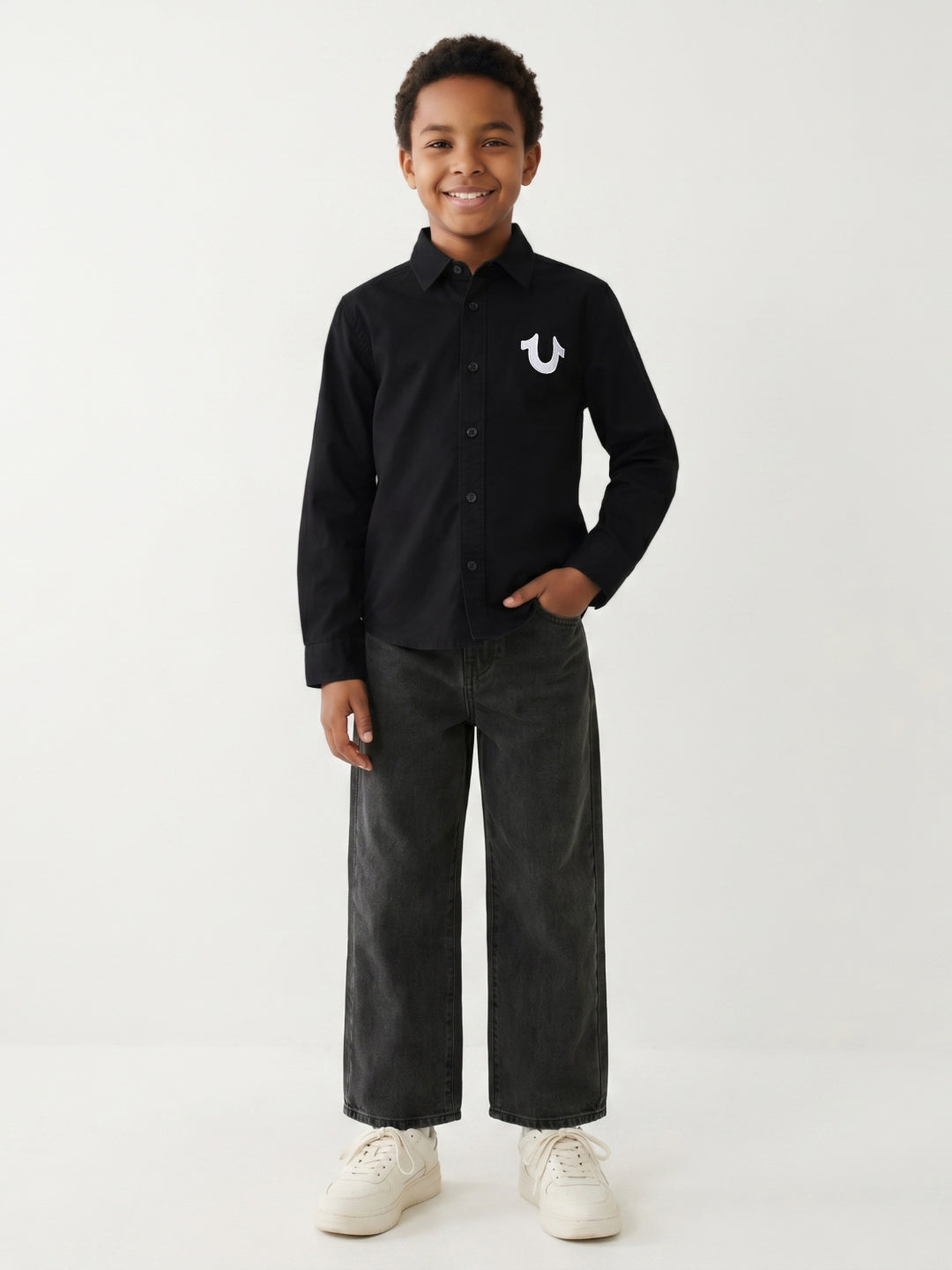 True Religion Boys Black Solid Regular Fit Pure Cotton Shirt