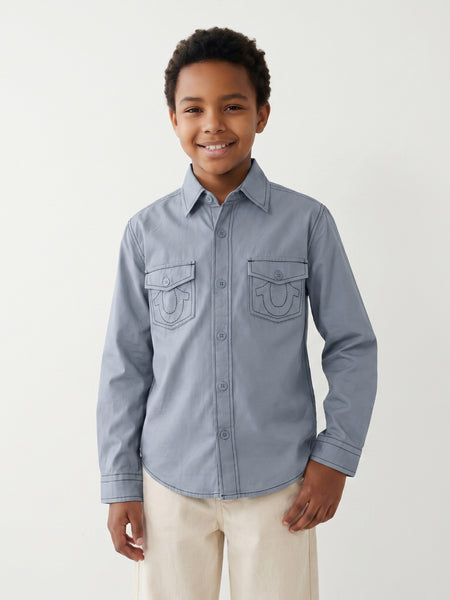 True Religion Blue Cotton Solid Boys Regular Fit Shirt