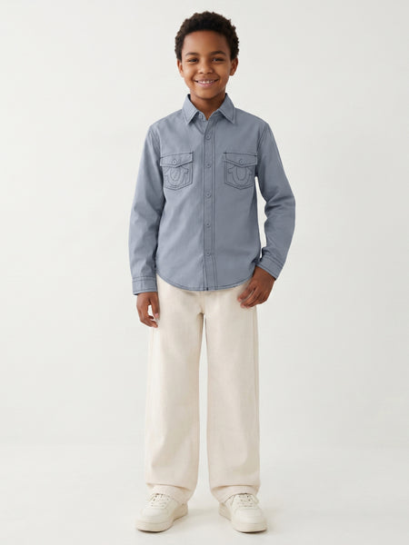 True Religion Blue Cotton Solid Boys Regular Fit Shirt