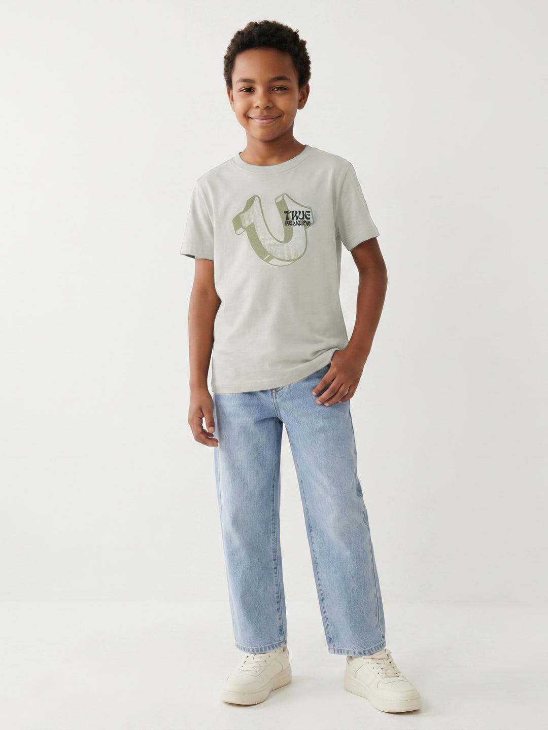 True Religion Boys Beige Solid Regular Fit Pure Cotton T-Shirt