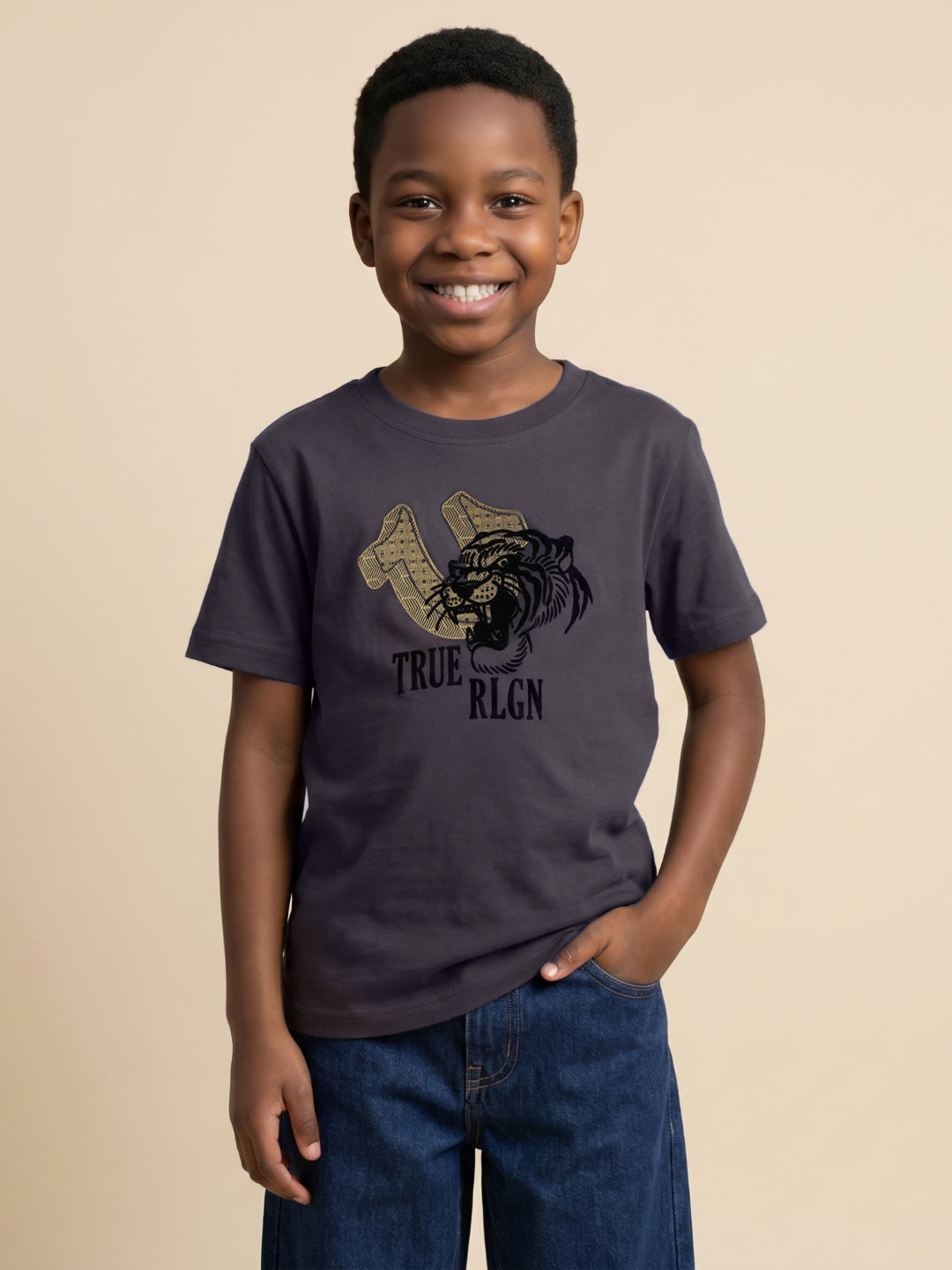 True Religion Boys Grey Solid Regular Fit Pure Cotton T-Shirt