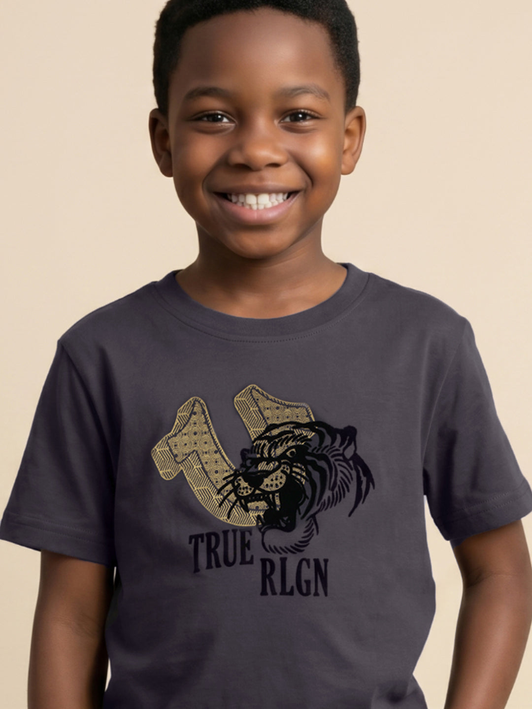 True Religion Boys Grey Solid Regular Fit Pure Cotton T-Shirt