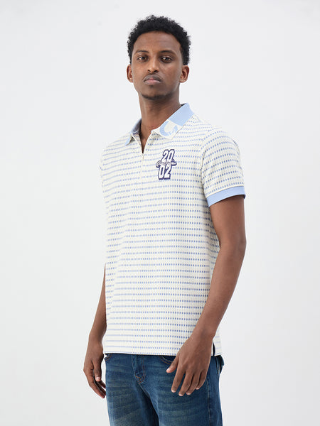 True Religion Men White Woven Design Regular Fit Polo T-Shirt