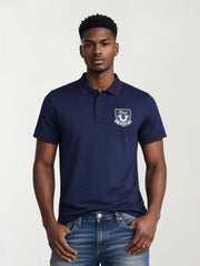 True Religion Men Navy Blue Solid Regular Fit Pure Cotton Polo T-Shirt