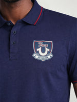 True Religion Men Navy Blue Solid Regular Fit Pure Cotton Polo T-Shirt