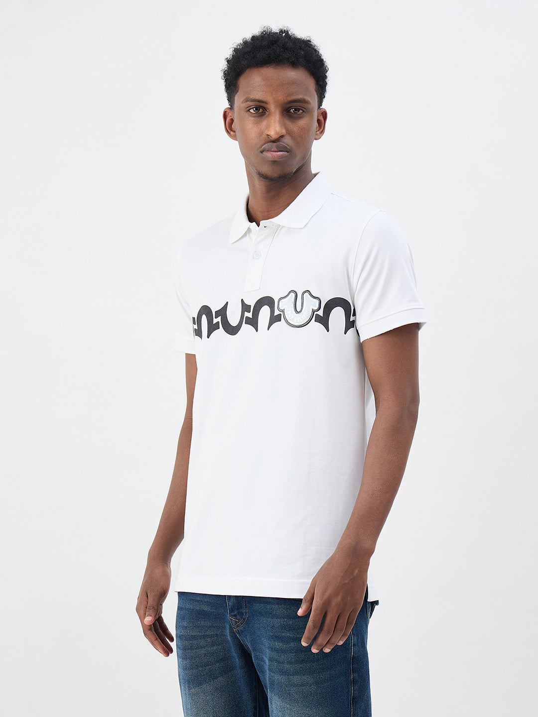 True Religion Men White Printed Regular Fit Pure Cotton Polo T-Shirt