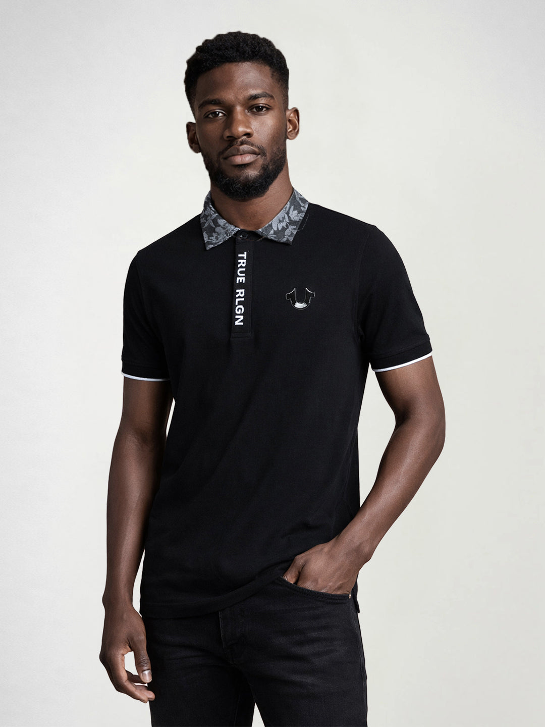 True Religion Men Black Solid Regular Fit Polo T-Shirt