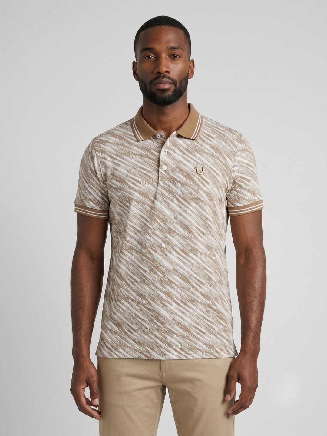 Men beige striped regular fit polo t-shirt