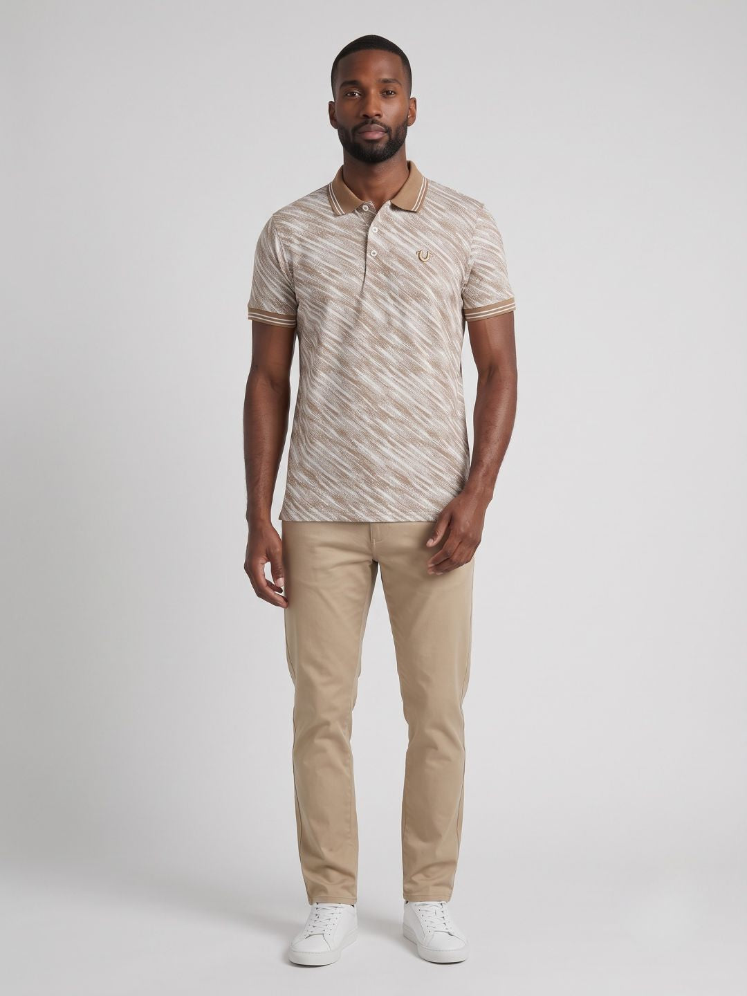 Men beige striped regular fit polo t-shirt