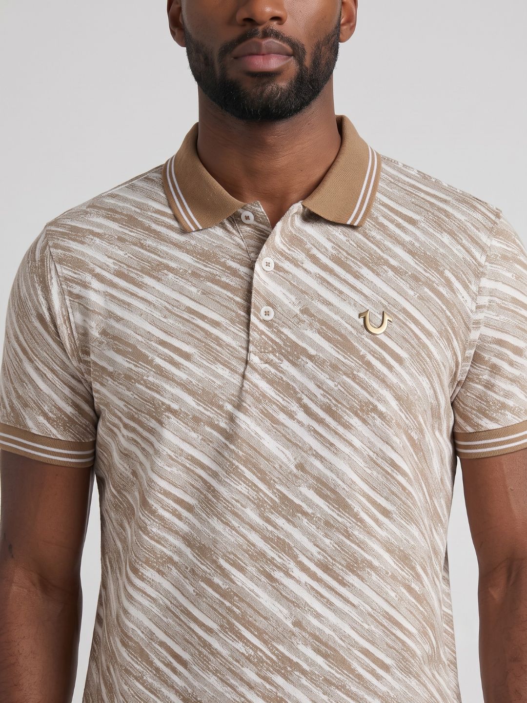 Men beige striped regular fit polo t-shirt
