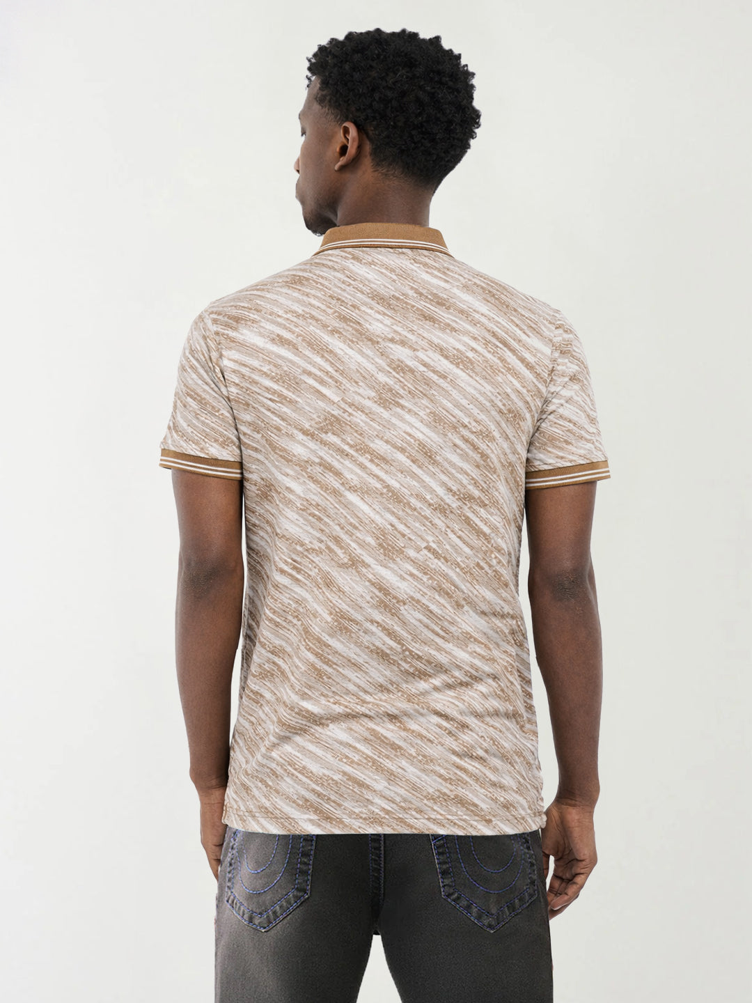 True Religion Men Beige Striped Regular Fit Polo T-Shirt