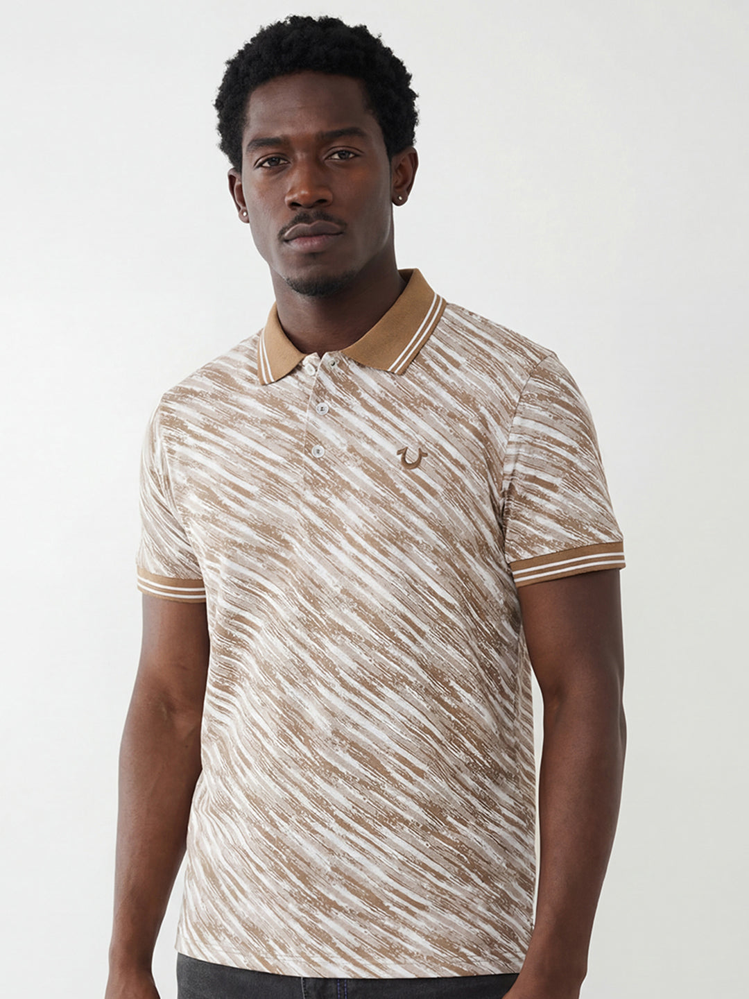 True Religion Men Beige Striped Regular Fit Polo T-Shirt