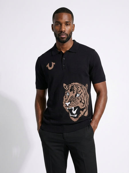 True Religion Men Black Embroidered Regular Fit Polo T-Shirt