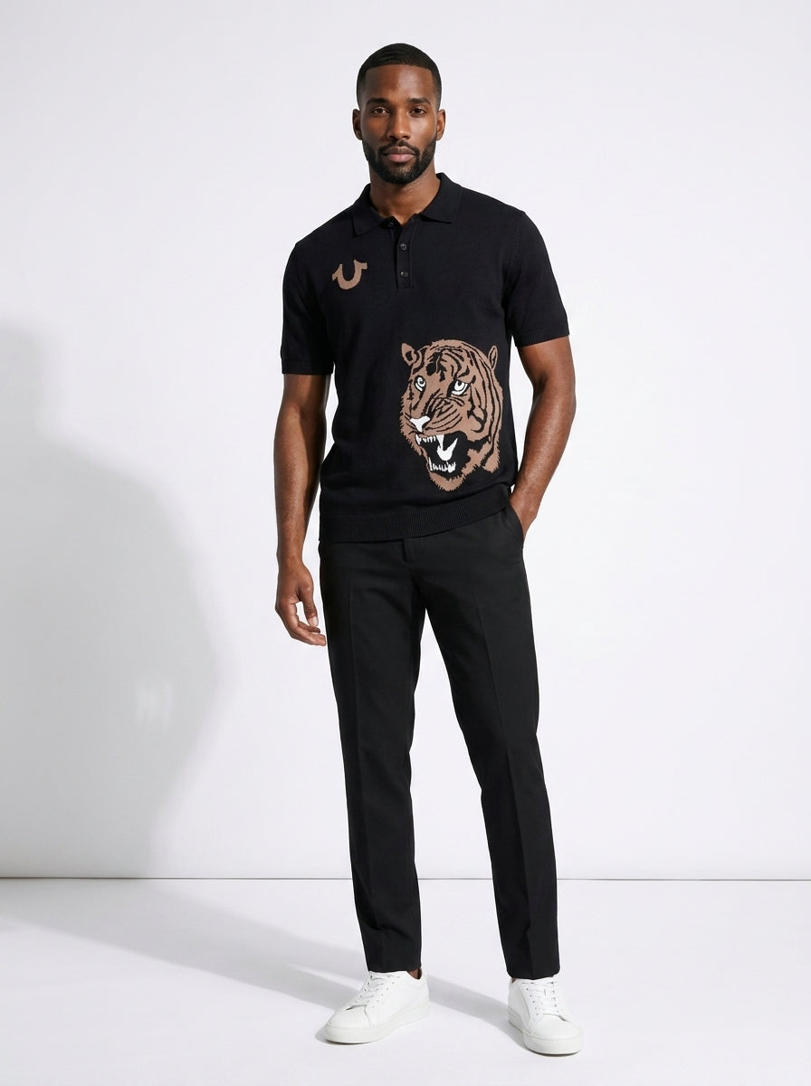True Religion Men Black Embroidered Regular Fit Polo T-Shirt