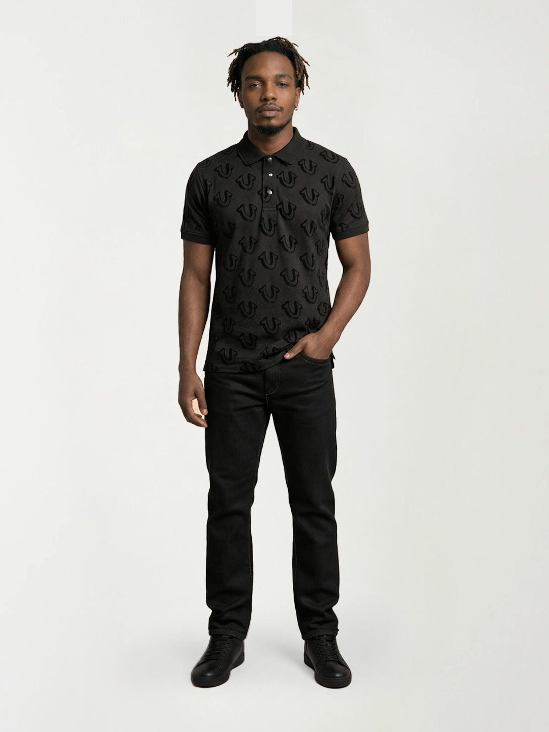 True Religion Men Black Printed Regular Fit Polo T-Shirt