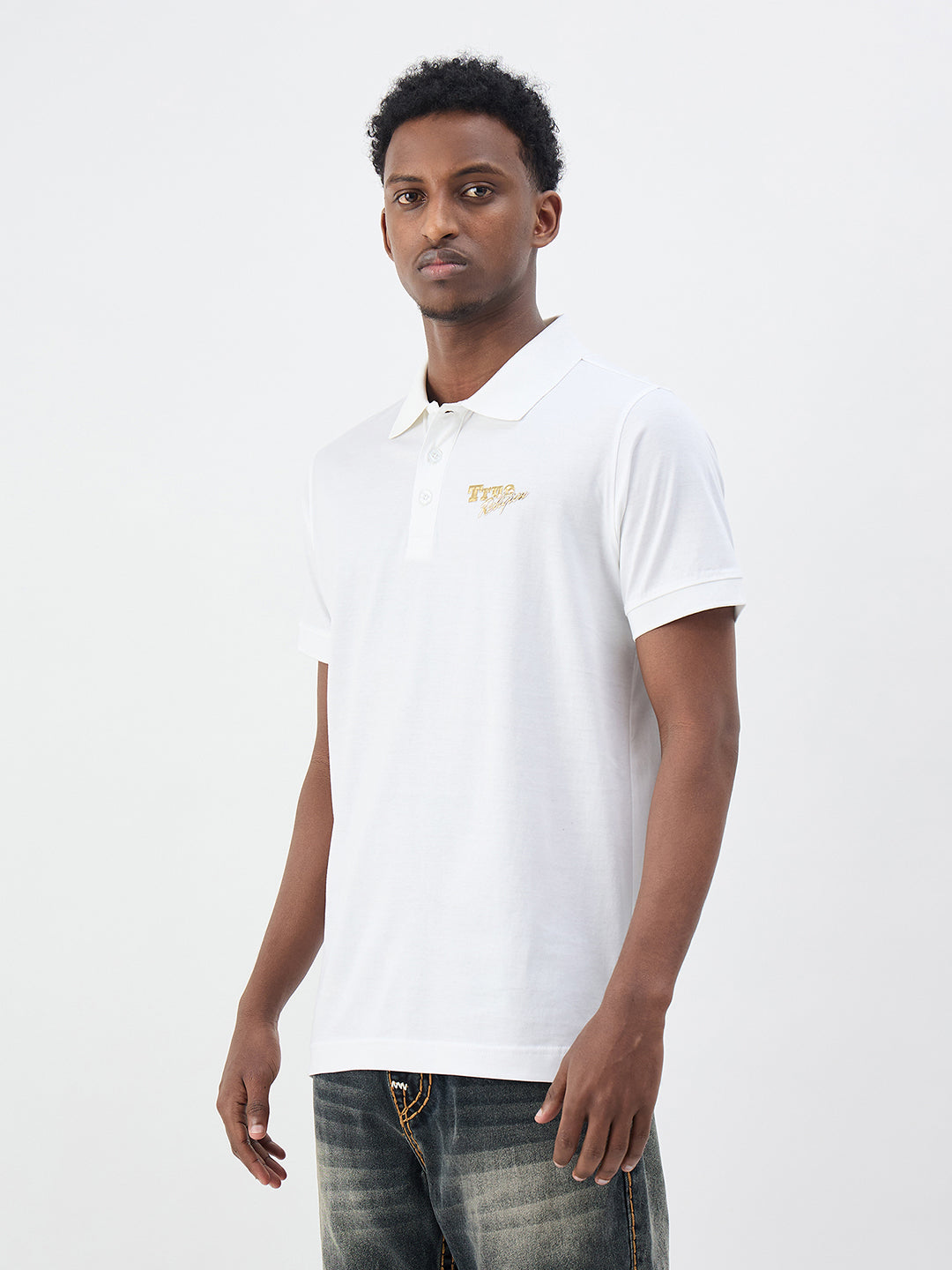 True Religion Men White Solid Regular Fit Pure Cotton Polo T-Shirt