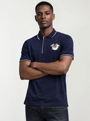True Religion Men Navy Blue Solid Regular Fit Pure Cotton Polo T-Shirt