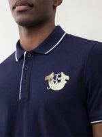 True Religion Men Navy Blue Solid Regular Fit Pure Cotton Polo T-Shirt