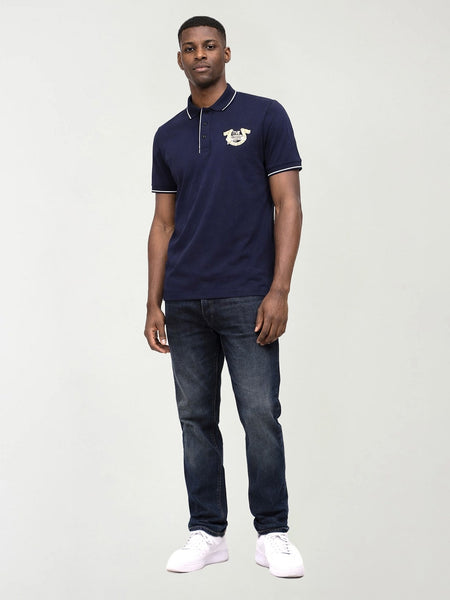 True Religion Men Navy Blue Solid Regular Fit Pure Cotton Polo T-Shirt