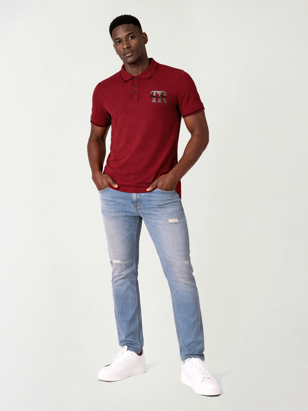 True Religion Men Maroon Solid Regular Fit Pure Cotton Polo T-Shirt