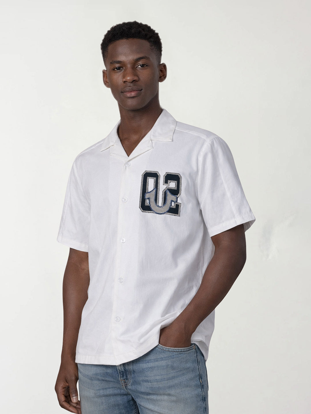 True Religion Men White Solid Boxy Fit Pure Cotton Shirt
