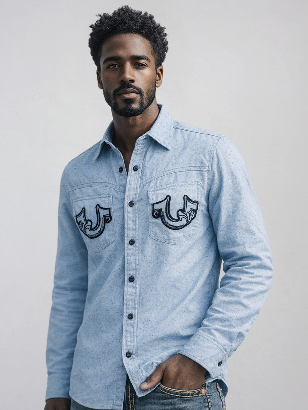 True Religion Men Blue Embroidered Regular Fit Shirt