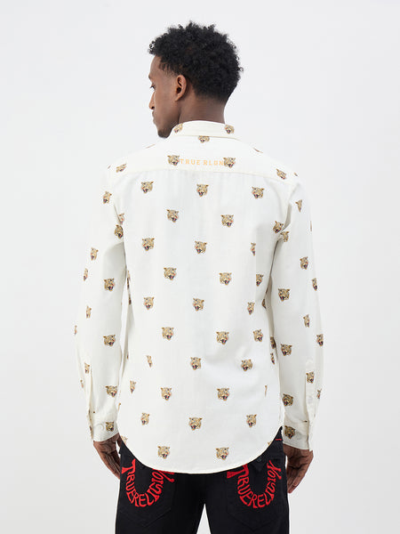 True Religion Men Cream Printed Regular Fit Pure Cotton Shirt