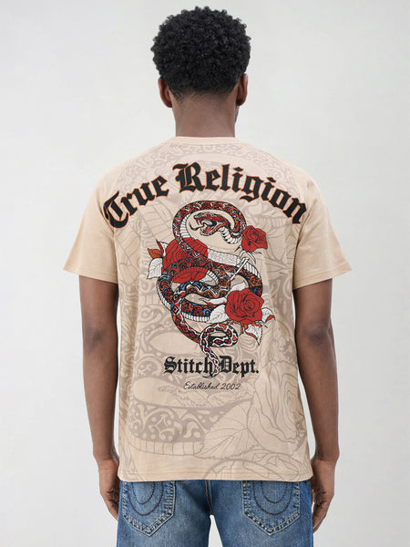 True Religion Men Beige Printed Regular Fit T-Shirt