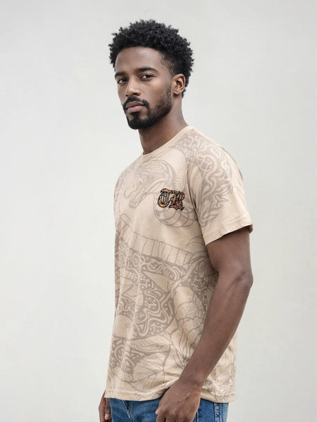 True Religion Men Beige Printed Regular Fit T-Shirt