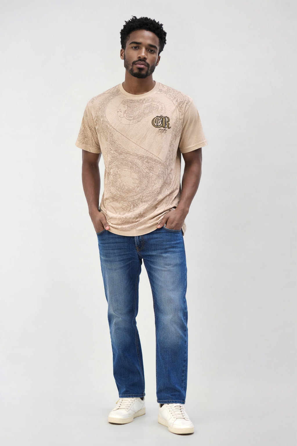 True Religion Men Beige Printed Regular Fit T-Shirt
