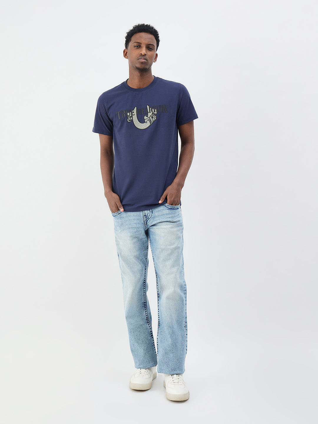 True Religion Men Indigo Blue Solid Regular Fit T-Shirt