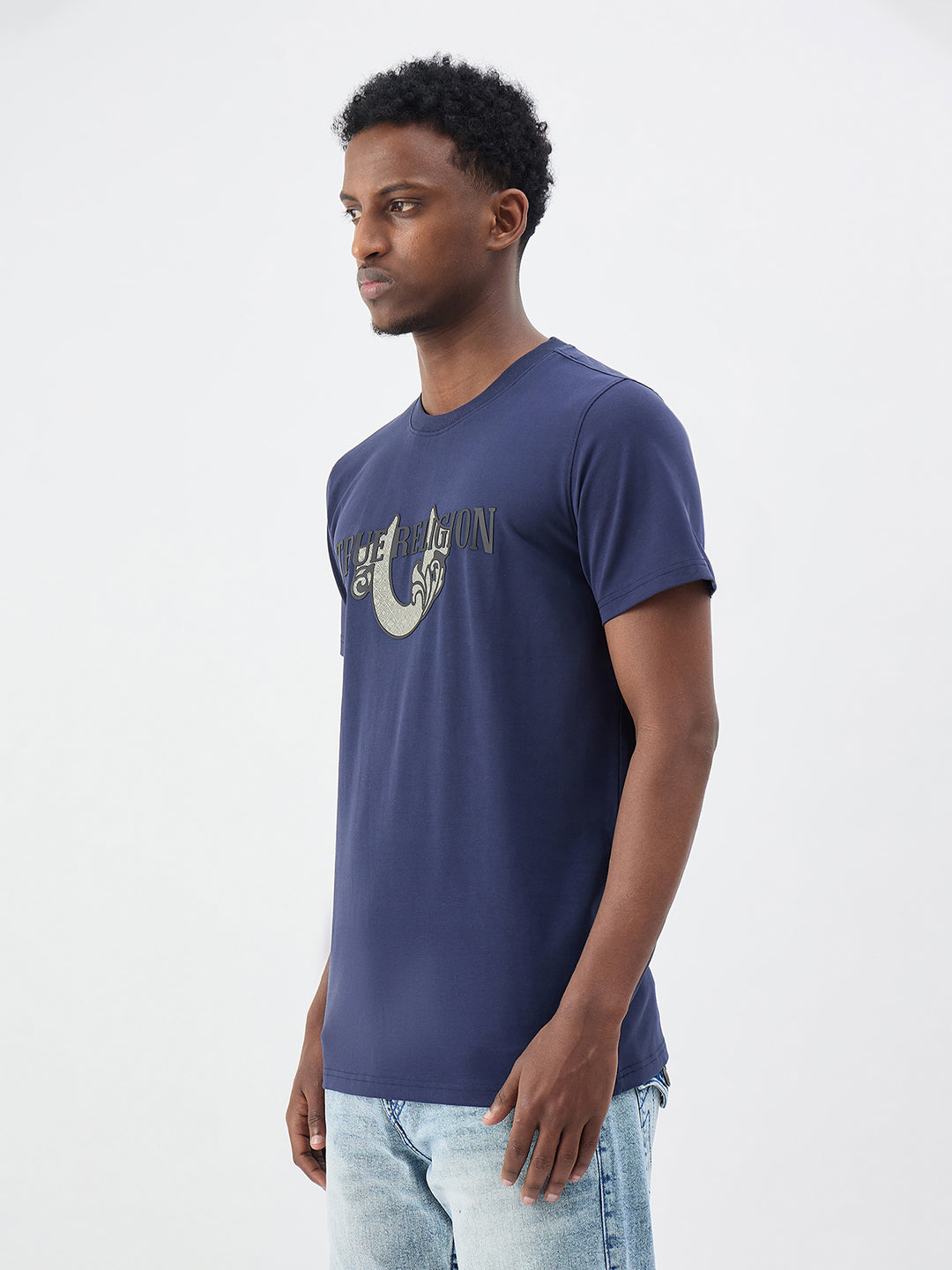 True Religion Men Indigo Blue Solid Regular Fit T-Shirt