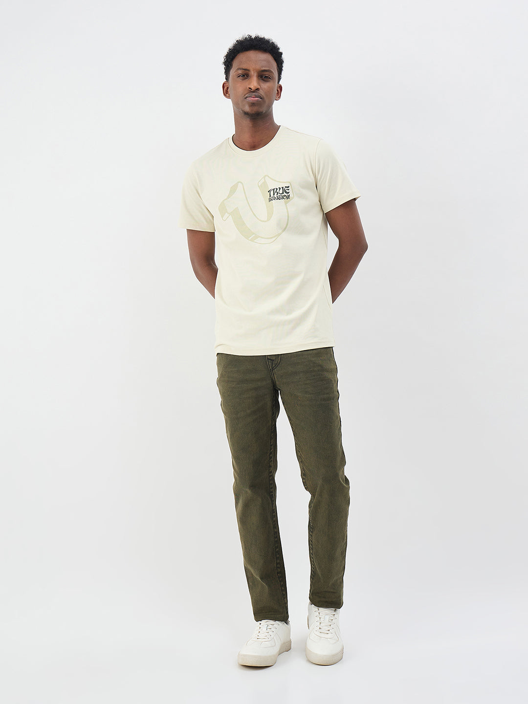 True Religion Men Cream Solid Regular Fit Pure Cotton T-Shirt