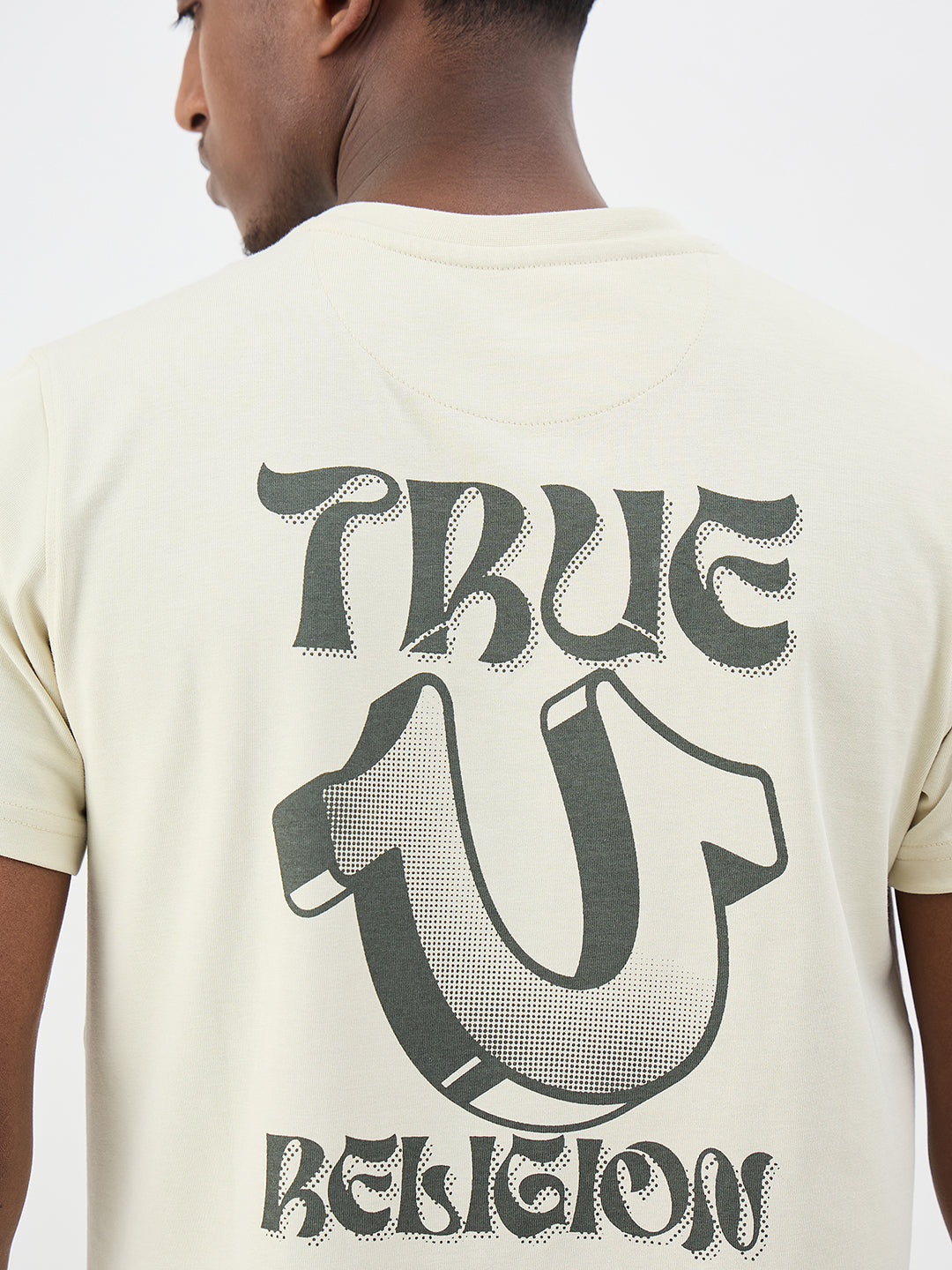 True Religion Men Cream Solid Regular Fit Pure Cotton T-Shirt