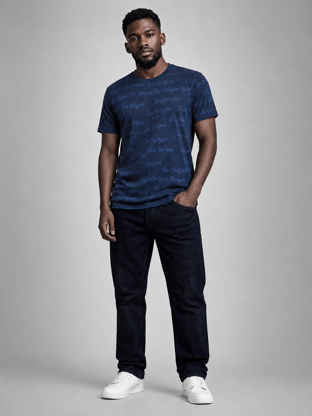 True Religion Men Blue Printed Regular Fit T-Shirt