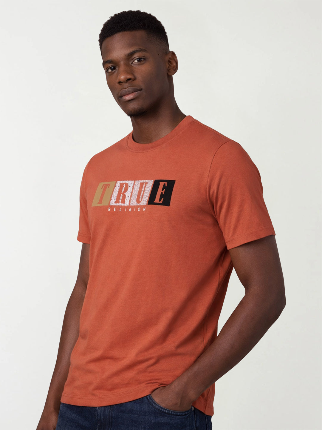 True Religion Men Orange Printed Regular Fit T-Shirt