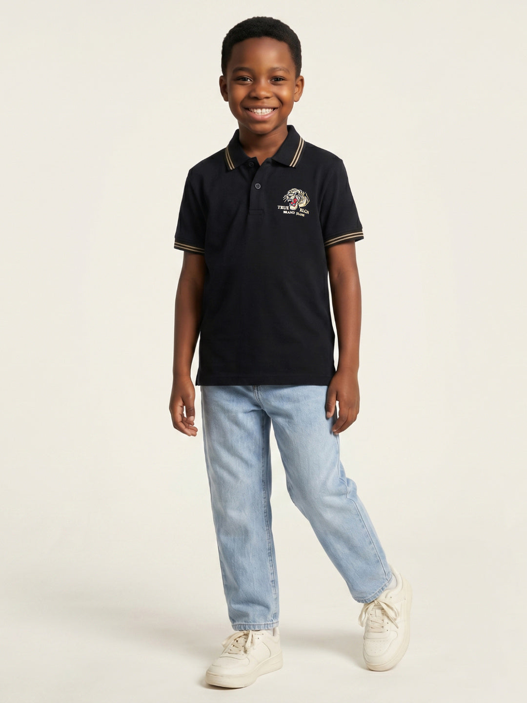 True Religion Boys Black Solid Regular Fit Pure Cotton Polo T-Shirt