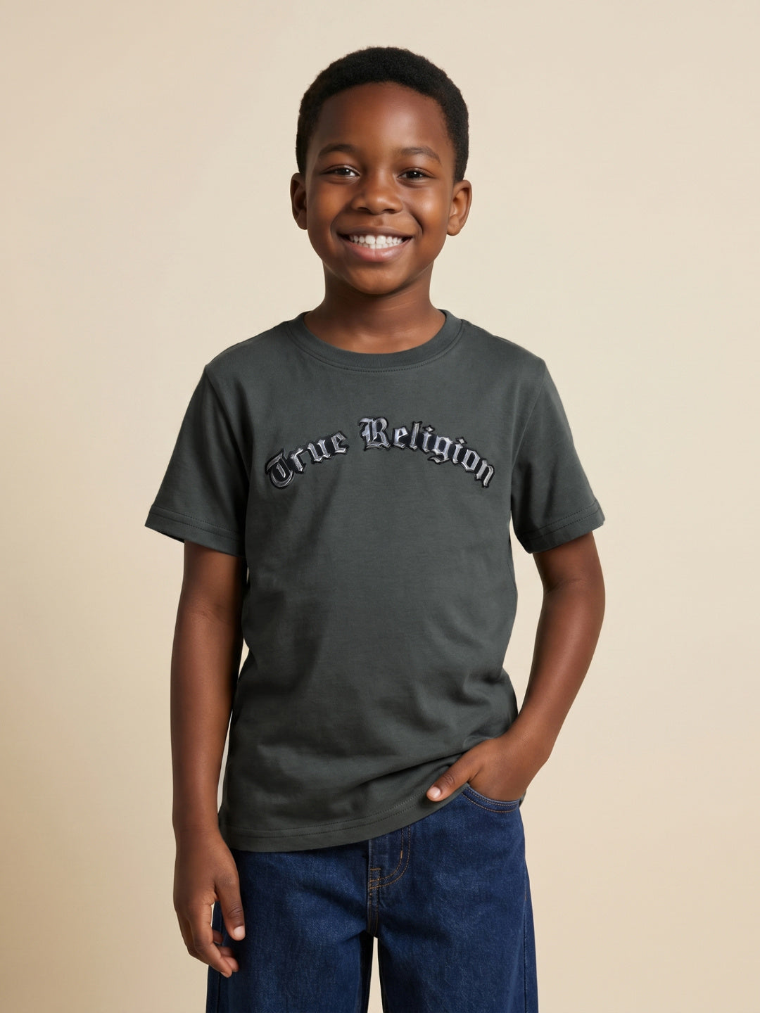 True Religion Boys Green Solid Regular Fit Pure Cotton T-Shirt