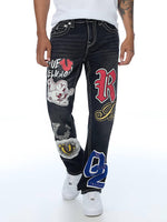 True Religion Men Black Embroidered Ricky BIG T Straight Fit Jeans