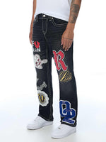 True Religion Men Black Embroidered Ricky BIG T Straight Fit Jeans