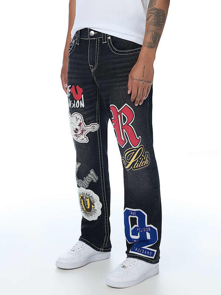 True Religion Men Black Embroidered Ricky BIG T Straight Fit Jeans