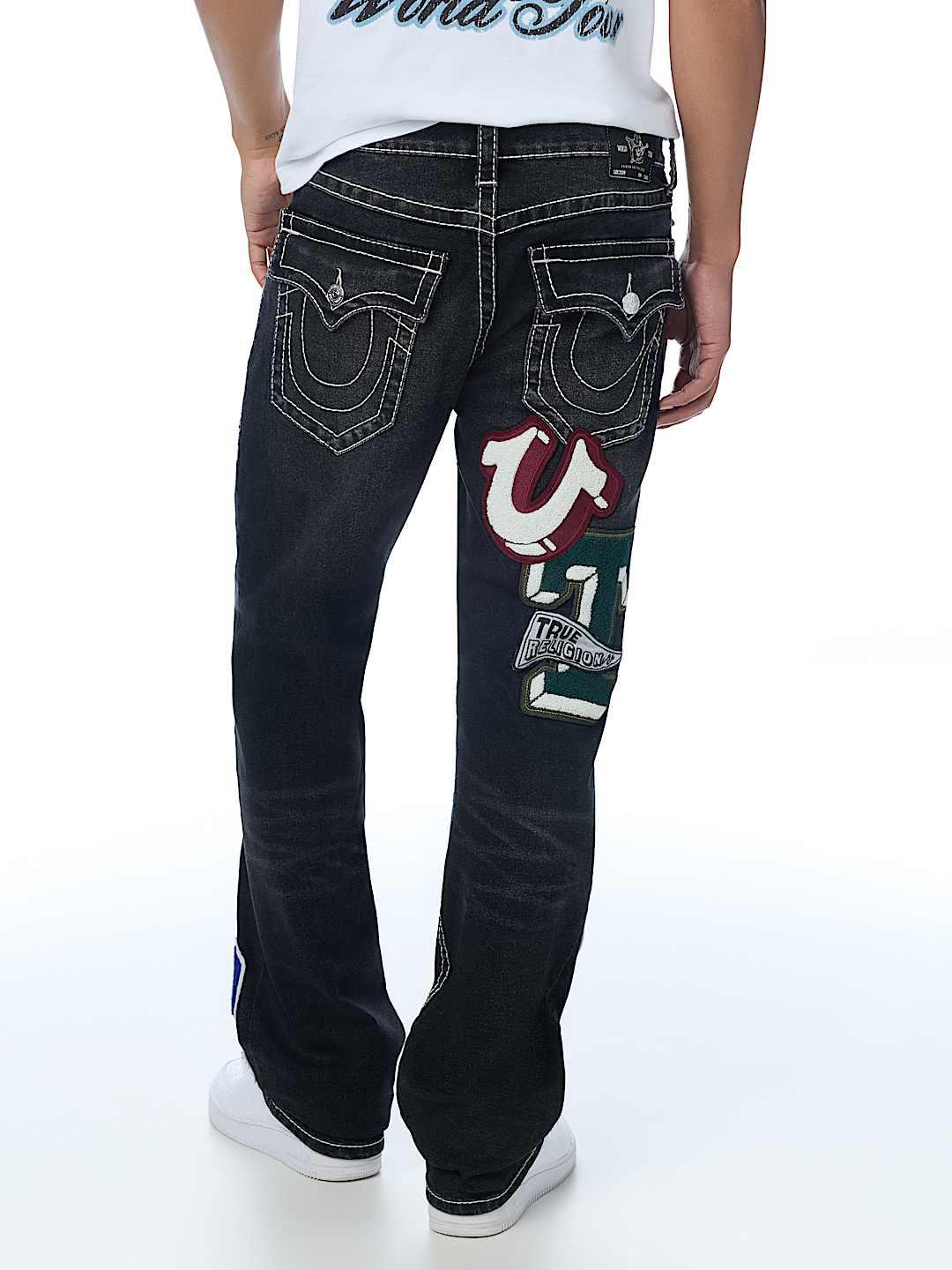 True Religion Men Black Embroidered Ricky BIG T Straight Fit Jeans